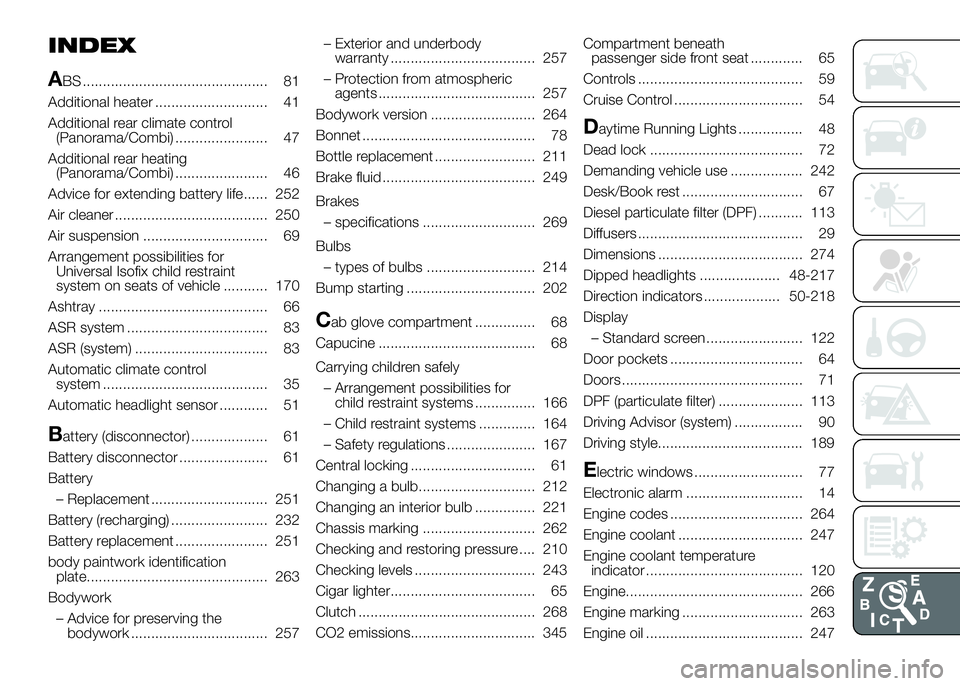 FIAT DUCATO 2016  Owner handbook (in English) INDEX
A
BS .............................................. 81
Additional heater ............................ 41
Additional rear climate control
(Panorama/Combi) ....................... 47
Additional re