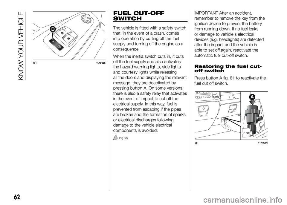 FIAT DUCATO 2016  Owner handbook (in English) .
FUEL CUT-OFF
SWITCH
The vehicle is fitted with a safety switch
that, in the event of a crash, comes
into operation by cutting off the fuel
supply and turning off the engine as a
consequence.
When th