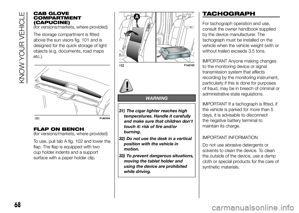 FIAT DUCATO 2016 Owner handbook (in English) CAB GLOVE
COMPARTMENT
(CAPUCINE)
(for versions/markets, where provided)
The storage compartment is fitted
above the sun visors fig. 101 and is
designed for the quick storage of light
objects (e.g. doc FIAT DUCATO 2016 Owner handbook (in English) CAB GLOVE
COMPARTMENT
(CAPUCINE)
(for versions/markets, where provided)
The storage compartment is fitted
above the sun visors fig. 101 and is
designed for the quick storage of light
objects (e.g. doc