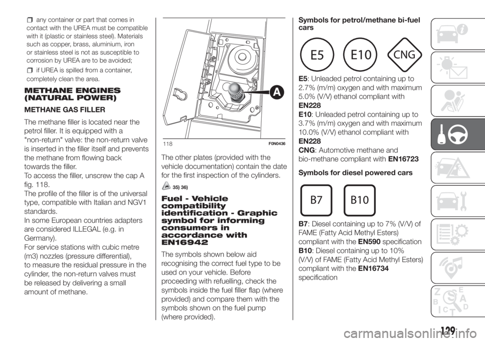 FIAT DUCATO 2017  Owner handbook (in English) any container or part that comes in
contact with the UREA must be compatible
with it (plastic or stainless steel). Materials
such as copper, brass, aluminium, iron
or stainless steel is not as suscept