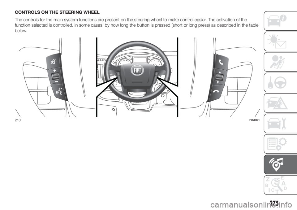 FIAT DUCATO 2017 Owner handbook (in English) CONTROLS ON THE STEERING WHEEL
The controls for the main system functions are present on the steering wheel to make control easier. The activation of the
function selected is controlled, in some cases FIAT DUCATO 2017 Owner handbook (in English) CONTROLS ON THE STEERING WHEEL
The controls for the main system functions are present on the steering wheel to make control easier. The activation of the
function selected is controlled, in some cases