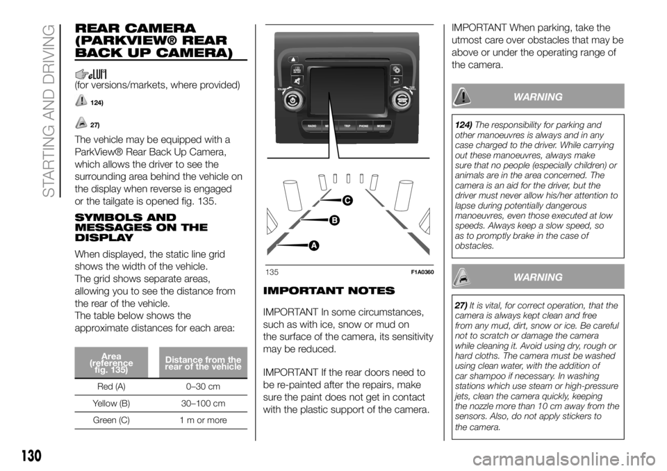 FIAT DUCATO 2018  Owner handbook (in English) REAR CAMERA
(PARKVIEW® REAR
BACK UP CAMERA)
(for versions/markets, where provided)
124)
27)
The vehicle may be equipped with a
ParkView® Rear Back Up Camera,
which allows the driver to see the
surro