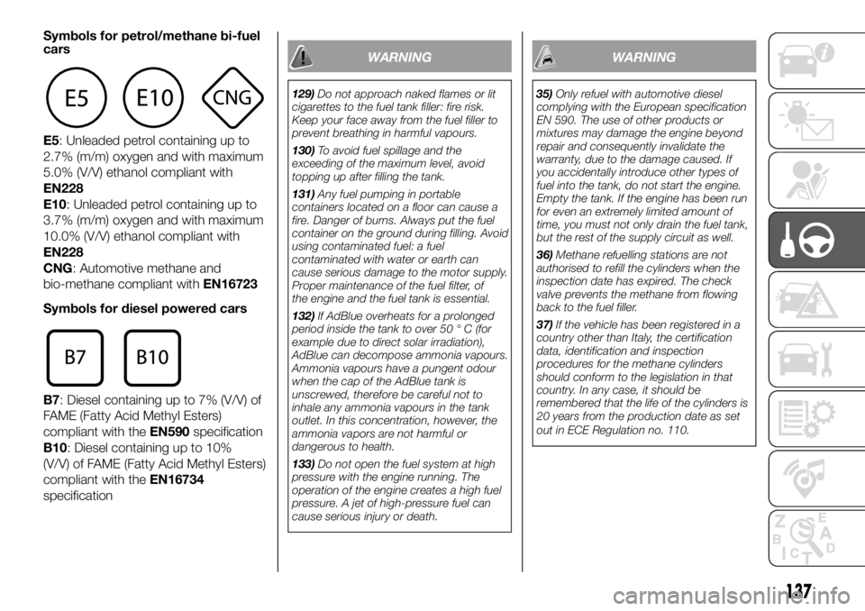 FIAT DUCATO 2018  Owner handbook (in English) Symbols for petrol/methane bi-fuel
cars
E5: Unleaded petrol containing up to
2.7% (m/m) oxygen and with maximum
5.0% (V/V) ethanol compliant with
EN228
E10: Unleaded petrol containing up to
3.7% (m/m)