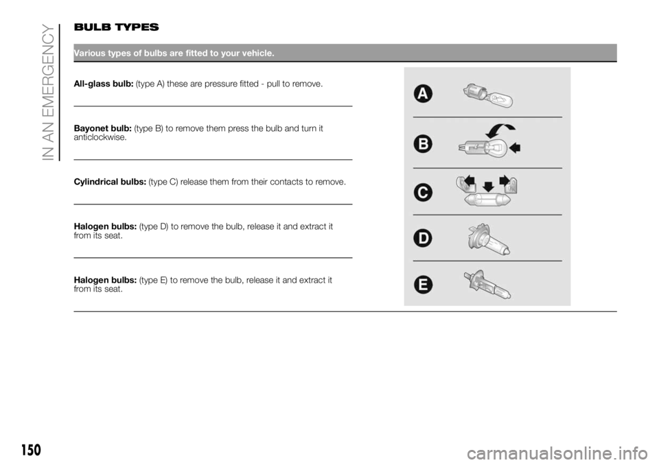 FIAT DUCATO 2018 Owner handbook (in English) BULB TYPES
Various types of bulbs are fitted to your vehicle.
All-glass bulb:(type A) these
are pressure fitted - pull to remove.
Bayonet bulb:(type B) to remove them press the bulb and turn it
anticl FIAT DUCATO 2018 Owner handbook (in English) BULB TYPES
Various types of bulbs are fitted to your vehicle.
All-glass bulb:(type A) these
are pressure fitted - pull to remove.
Bayonet bulb:(type B) to remove them press the bulb and turn it
anticl