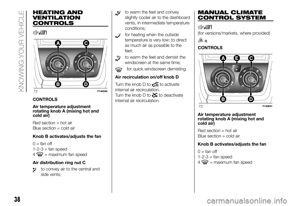 FIAT DUCATO 2018  Owner handbook (in English) HEATING AND
VENTILATION
CONTROLS
CONTROLS
Air temperature adjustment
rotating knob A (mixing hot and
cold air)
Red section = hot air
Blue section = cold air
Knob B activates/adjusts the fan
0 = fan of