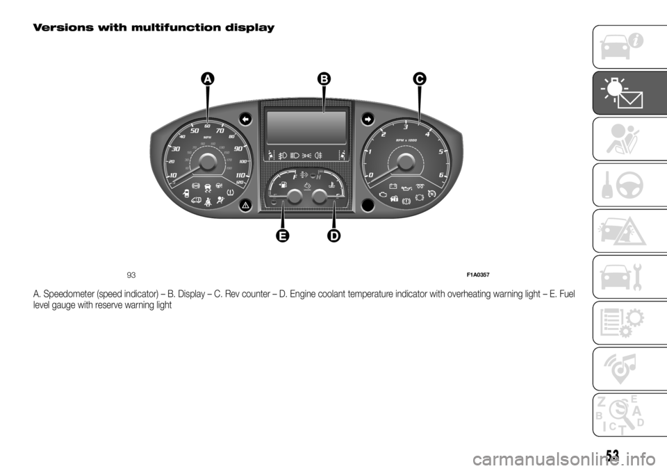 FIAT DUCATO 2018 Owner handbook (in English) Versions with multifunction display
A. Speedometer (speed indicator) – B. Display – C. Rev counter – D. Engine coolant temperature indicator with overheating warning light – E. Fuel
level gaug FIAT DUCATO 2018 Owner handbook (in English) Versions with multifunction display
A. Speedometer (speed indicator) – B. Display – C. Rev counter – D. Engine coolant temperature indicator with overheating warning light – E. Fuel
level gaug