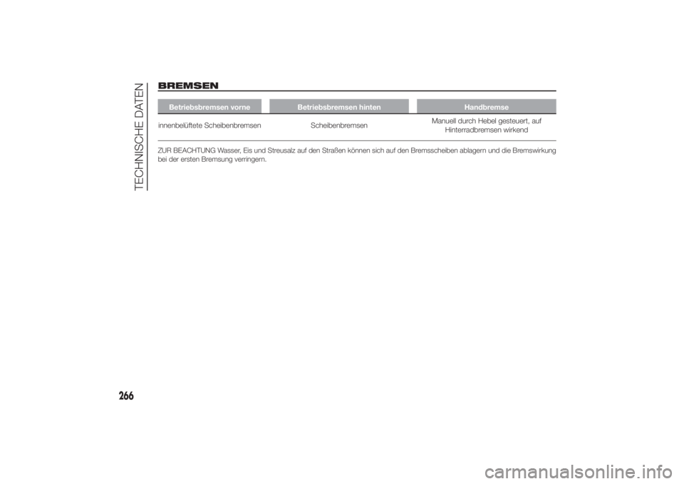 FIAT DUCATO 2014  Betriebsanleitung (in German) BREMSEN
Betriebsbremsen vorne Betriebsbremsen hinten Handbremse
innenbelüftete Scheibenbremsen ScheibenbremsenManuell durch Hebel gesteuert, auf
Hinterradbremsen wirkendZUR BEACHTUNG Wasser, Eis und 