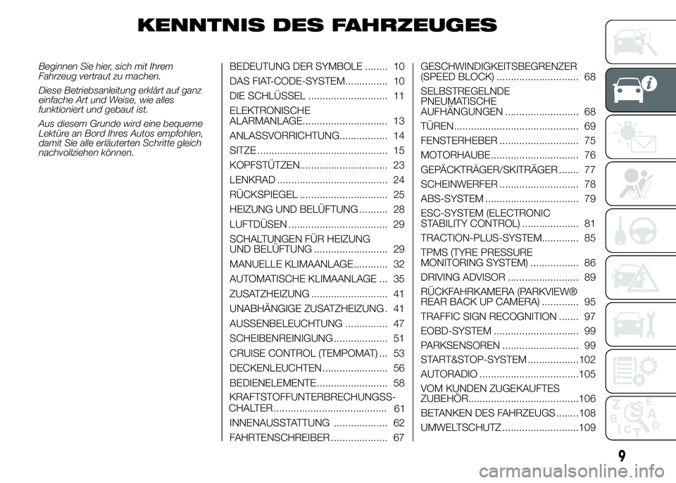 FIAT DUCATO 2015 Betriebsanleitung (in German) KENNTNIS DES FAHRZEUGES
Beginnen Sie hier, sich mit Ihrem
Fahrzeug vertraut zu machen.
Diese Betriebsanleitung erklärt auf ganz
einfache Art und Weise, wie alles
funktioniert und gebaut ist.
Aus dies FIAT DUCATO 2015 Betriebsanleitung (in German) KENNTNIS DES FAHRZEUGES
Beginnen Sie hier, sich mit Ihrem
Fahrzeug vertraut zu machen.
Diese Betriebsanleitung erklärt auf ganz
einfache Art und Weise, wie alles
funktioniert und gebaut ist.
Aus dies