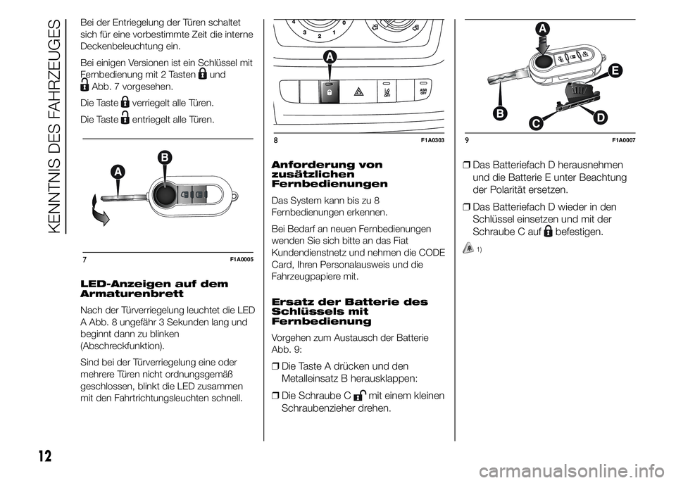 FIAT DUCATO 2015  Betriebsanleitung (in German) Bei der Entriegelung der Türen schaltet
sich für eine vorbestimmte Zeit die interne
Deckenbeleuchtung ein.
Bei einigen Versionen ist ein Schlüssel mit
Fernbedienung mit 2 Tasten
und
Abb. 7 vorgeseh
