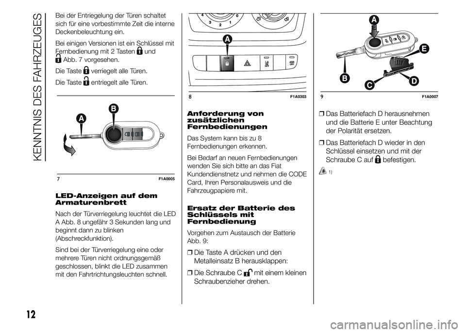 FIAT DUCATO 2015 Betriebsanleitung (in German) Bei der Entriegelung der Türen schaltet
sich für eine vorbestimmte Zeit die interne
Deckenbeleuchtung ein.
Bei einigen Versionen ist ein Schlüssel mit
Fernbedienung mit 2 Tasten
und
Abb. 7 vorgeseh FIAT DUCATO 2015 Betriebsanleitung (in German) Bei der Entriegelung der Türen schaltet
sich für eine vorbestimmte Zeit die interne
Deckenbeleuchtung ein.
Bei einigen Versionen ist ein Schlüssel mit
Fernbedienung mit 2 Tasten
und
Abb. 7 vorgeseh