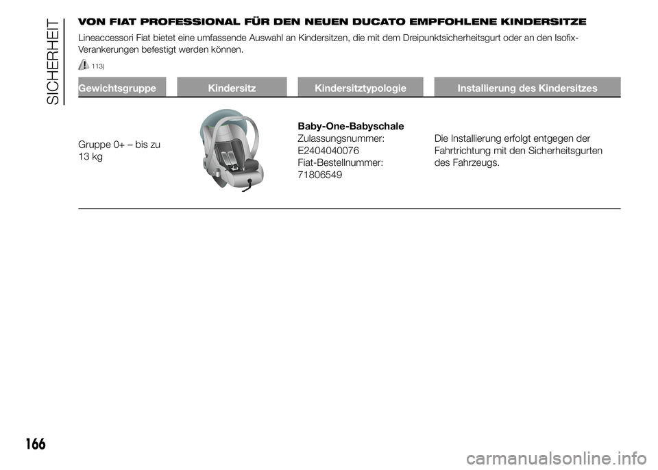 FIAT DUCATO 2015  Betriebsanleitung (in German) VON FIAT PROFESSIONAL FÜR DEN NEUEN DUCATO EMPFOHLENE KINDERSITZE
Lineaccessori Fiat bietet eine umfassende Auswahl an Kindersitzen, die mit dem Dreipunktsicherheitsgurt oder an den Isofix-
Verankeru