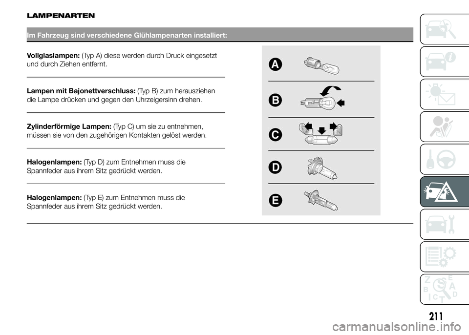 FIAT DUCATO 2015 Betriebsanleitung (in German) LAMPENARTEN
Im Fahrzeug sind verschiedene Glühlampenarten installiert:
Vollglaslampen:(Typ A) diese werden durch Druck eingesetzt
und durch Ziehen entfernt.
Lampen mit Bajonettverschluss:(Typ B) zum FIAT DUCATO 2015 Betriebsanleitung (in German) LAMPENARTEN
Im Fahrzeug sind verschiedene Glühlampenarten installiert:
Vollglaslampen:(Typ A) diese werden durch Druck eingesetzt
und durch Ziehen entfernt.
Lampen mit Bajonettverschluss:(Typ B) zum