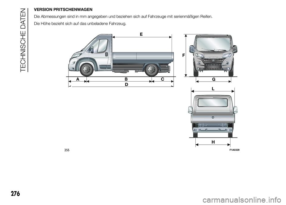 FIAT DUCATO 2015  Betriebsanleitung (in German) VERSION PRITSCHENWAGEN
Die Abmessungen sind in mm angegeben und beziehen sich auf Fahrzeuge mit serienmäßigen Reifen.
Die Höhe bezieht sich auf das unbeladene Fahrzeug.
255F1A0329
276
TECHNISCHE DA