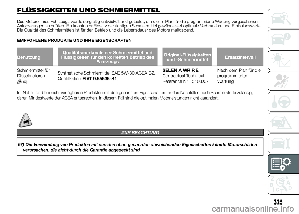 FIAT DUCATO 2015 Betriebsanleitung (in German) FLÜSSIGKEITEN UND SCHMIERMITTEL
Das Motoröl Ihres Fahrzeugs wurde sorgfältig entwickelt und getestet, um die im Plan für die programmierte Wartung vorgesehenen
Anforderungen zu erfüllen. Ein kons FIAT DUCATO 2015 Betriebsanleitung (in German) FLÜSSIGKEITEN UND SCHMIERMITTEL
Das Motoröl Ihres Fahrzeugs wurde sorgfältig entwickelt und getestet, um die im Plan für die programmierte Wartung vorgesehenen
Anforderungen zu erfüllen. Ein kons