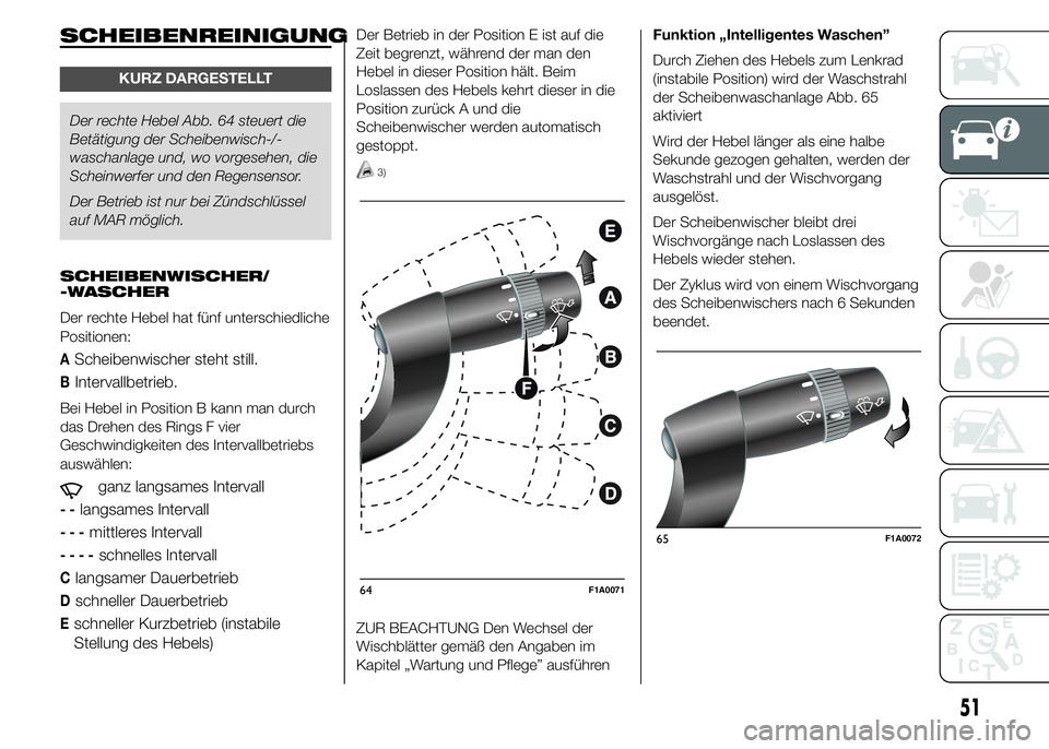 FIAT DUCATO 2015  Betriebsanleitung (in German) SCHEIBENREINIGUNG
KURZ DARGESTELLT
Der rechte Hebel Abb. 64 steuert die
Betätigung der Scheibenwisch-/-
waschanlage und, wo vorgesehen, die
Scheinwerfer und den Regensensor.
Der Betrieb ist nur bei Z