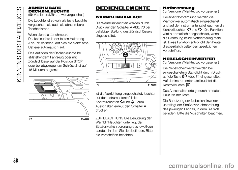FIAT DUCATO 2015 Betriebsanleitung (in German) ABNEHMBARE
DECKENLEUCHTE
(für Versionen/Märkte, wo vorgesehen)
Die Leuchte ist sowohl als feste Leuchte
vorgesehen, als auch als abnehmbare
Taschenlampe.
Wenn sich die abnehmbare
Deckenleuchte in de FIAT DUCATO 2015 Betriebsanleitung (in German) ABNEHMBARE
DECKENLEUCHTE
(für Versionen/Märkte, wo vorgesehen)
Die Leuchte ist sowohl als feste Leuchte
vorgesehen, als auch als abnehmbare
Taschenlampe.
Wenn sich die abnehmbare
Deckenleuchte in de