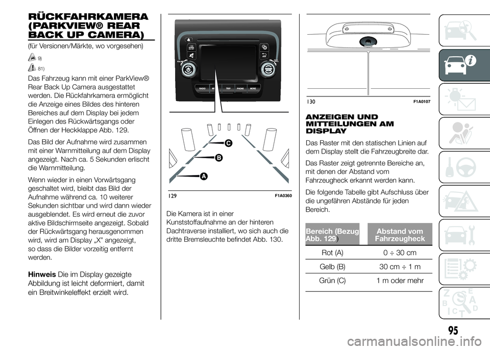 FIAT DUCATO 2015  Betriebsanleitung (in German) RÜCKFAHRKAMERA
(PARKVIEW® REAR
BACK UP CAMERA)
(für Versionen/Märkte, wo vorgesehen)
9)
81)
Das Fahrzeug kann mit einer ParkView®
Rear Back Up Camera ausgestattet
werden. Die Rückfahrkamera erm�