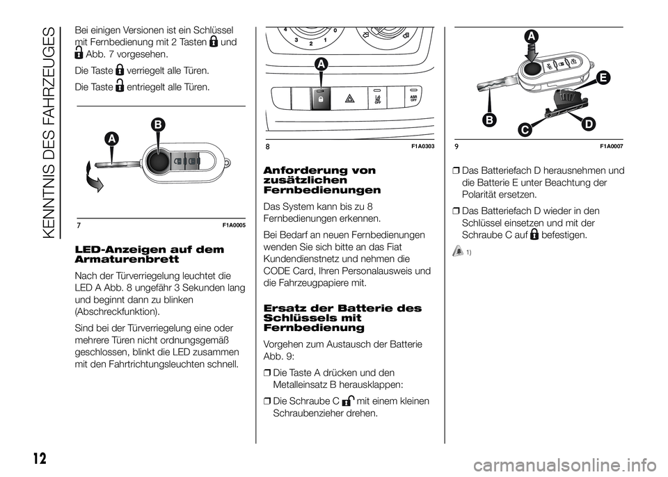 FIAT DUCATO 2016  Betriebsanleitung (in German) Bei einigen Versionen ist ein Schlüssel
mit Fernbedienung mit 2 Tasten
und
Abb. 7 vorgesehen.
Die Taste
verriegelt alle Türen.
Die Taste
entriegelt alle Türen.
LED-Anzeigen auf dem
Armaturenbrett
N