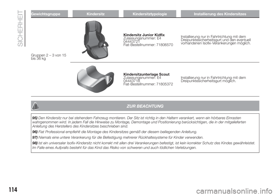 FIAT DUCATO 2017  Betriebsanleitung (in German) Gewichtsgruppe Kindersitz Kindersitztypologie Installierung des Kindersitzes
Gruppen2–3von15
bis 36 kg
Kindersitz Junior Kidfix
Zulassungsnummer: E4
04443721
Fiat-Bestellnummer: 71806570Installierun
