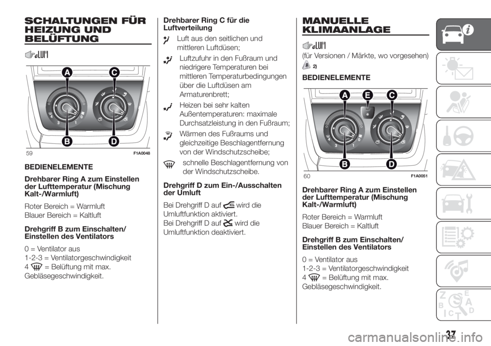 FIAT DUCATO 2017  Betriebsanleitung (in German) SCHALTUNGEN FÜR
HEIZUNG UND
BELÜFTUNG
BEDIENELEMENTE
Drehbarer Ring A zum Einstellen
der Lufttemperatur (Mischung
Kalt-/Warmluft)
Roter Bereich = Warmluft
Blauer Bereich = Kaltluft
Drehgriff B zum E