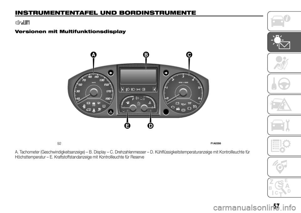 FIAT DUCATO 2018 Betriebsanleitung (in German) INSTRUMENTENTAFEL UND BORDINSTRUMENTE
.
Versionen mit Multifunktionsdisplay
A. Tachometer (Geschwindigkeitsanzeige) – B. Display – C. Drehzahlenmesser – D. Kühlflüssigkeitstemperaturanzeige mi FIAT DUCATO 2018 Betriebsanleitung (in German) INSTRUMENTENTAFEL UND BORDINSTRUMENTE
.
Versionen mit Multifunktionsdisplay
A. Tachometer (Geschwindigkeitsanzeige) – B. Display – C. Drehzahlenmesser – D. Kühlflüssigkeitstemperaturanzeige mi