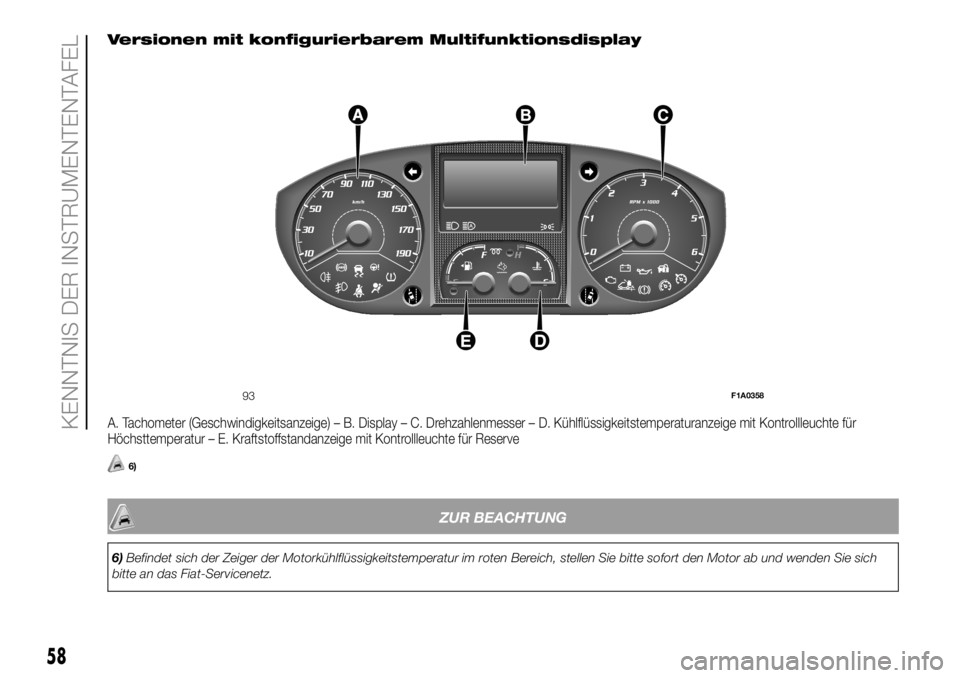 FIAT DUCATO 2018  Betriebsanleitung (in German) Versionen mit konfigurierbarem Multifunktionsdisplay
A. Tachometer (Geschwindigkeitsanzeige) – B. Display – C. Drehzahlenmesser – D. Kühlflüssigkeitstemperaturanzeige mit Kontrollleuchte für
