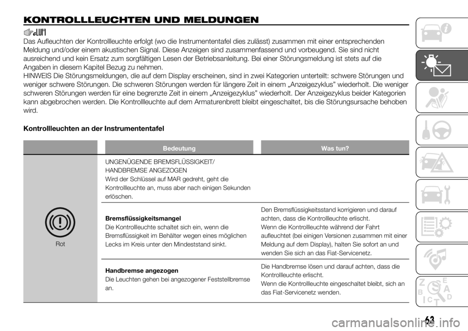 FIAT DUCATO 2018  Betriebsanleitung (in German) KONTROLLLEUCHTEN UND MELDUNGEN
Das Aufleuchten der Kontrollleuchte erfolgt (wo die Instrumententafel dies zulässt) zusammen mit einer entsprechenden
Meldung und/oder einem akustischen Signal. Diese A