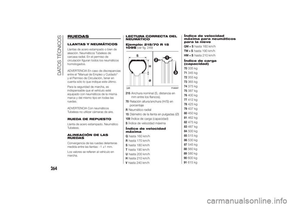FIAT DUCATO 2014 Manual de Empleo y Cuidado (in Spanish) RUEDASLLANTAS Y NEUMÁTICOS
Llantas de acero estampado o bien de
aleación. Neumáticos Tubeless de
carcasa radial. En el permiso de
circulación figuran todos los neumáticos
homologados.
ADVERTENCIA FIAT DUCATO 2014 Manual de Empleo y Cuidado (in Spanish) RUEDASLLANTAS Y NEUMÁTICOS
Llantas de acero estampado o bien de
aleación. Neumáticos Tubeless de
carcasa radial. En el permiso de
circulación figuran todos los neumáticos
homologados.
ADVERTENCIA