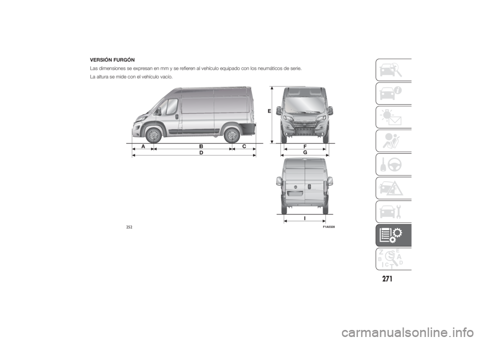 FIAT DUCATO 2014  Manual de Empleo y Cuidado (in Spanish) VERSIÓN FURGÓN
Las dimensiones se expresan en mm y se refieren al vehículo equipado con los neumáticos de serie.
La altura se mide con el vehículo vacío.
252
F1A0328
271 