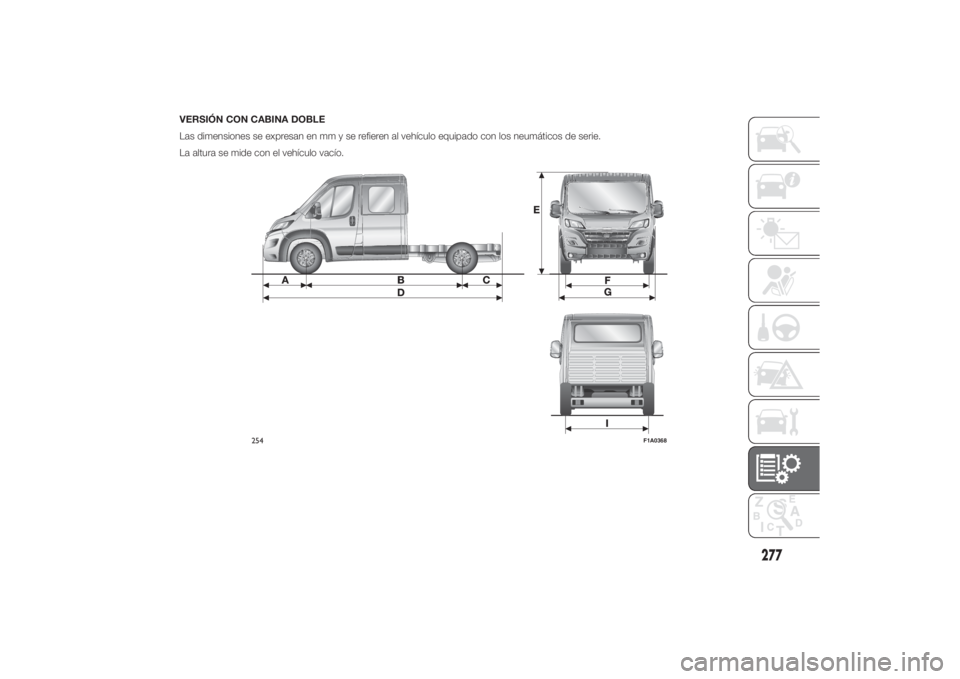 FIAT DUCATO 2014 Manual de Empleo y Cuidado (in Spanish) VERSIÓN CON CABINA DOBLE
Las dimensiones se expresan en mm y se refieren al vehículo equipado con los neumáticos de serie.
La altura se mide con el vehículo vacío.
254
F1A0368
277 FIAT DUCATO 2014 Manual de Empleo y Cuidado (in Spanish) VERSIÓN CON CABINA DOBLE
Las dimensiones se expresan en mm y se refieren al vehículo equipado con los neumáticos de serie.
La altura se mide con el vehículo vacío.
254
F1A0368
277
