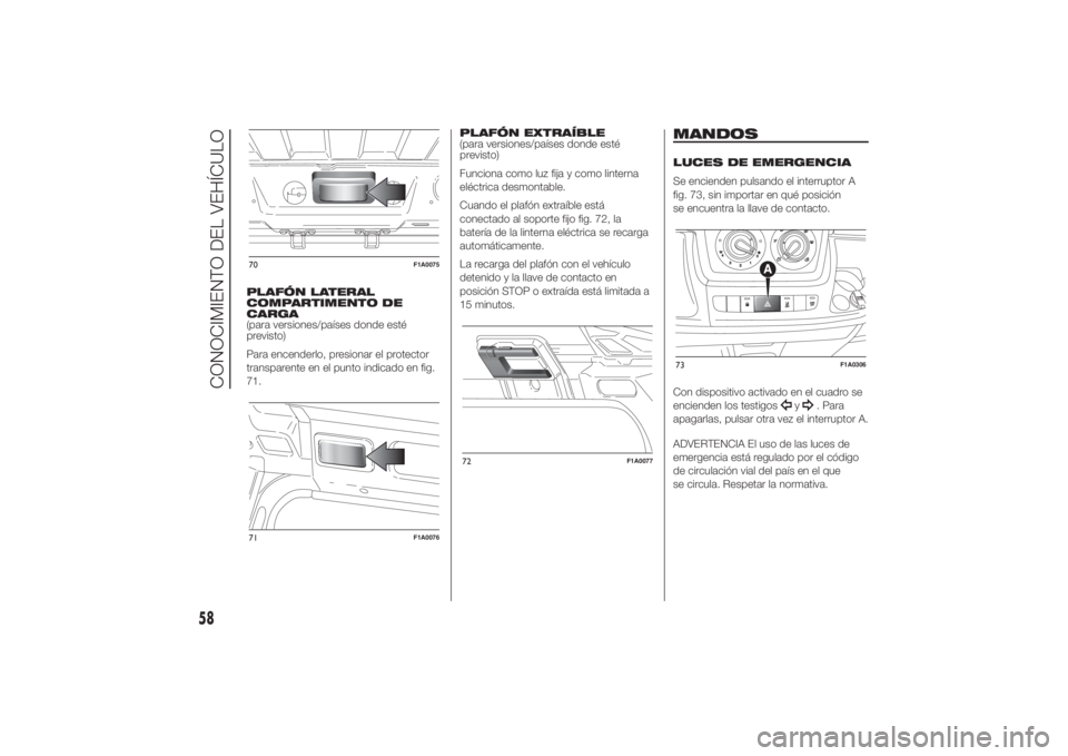 FIAT DUCATO 2014 Manual de Empleo y Cuidado (in Spanish) PLAFÓN LATERAL
COMPARTIMENTO DE
CARGA
(para versiones/países donde esté
previsto)
Para encenderlo, presionar el protector
transparente en el punto indicado en fig.
71.PLAFÓN EXTRAÍBLE
(para versi FIAT DUCATO 2014 Manual de Empleo y Cuidado (in Spanish) PLAFÓN LATERAL
COMPARTIMENTO DE
CARGA
(para versiones/países donde esté
previsto)
Para encenderlo, presionar el protector
transparente en el punto indicado en fig.
71.PLAFÓN EXTRAÍBLE
(para versi