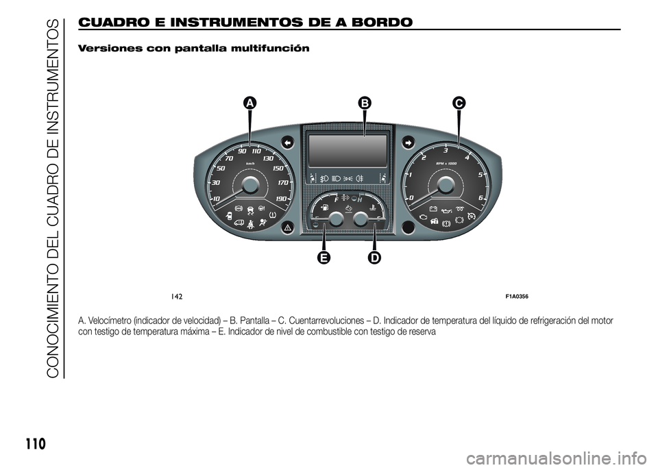 FIAT DUCATO 2015 Manual de Empleo y Cuidado (in Spanish) CUADRO E INSTRUMENTOS DE A BORDO.
Versiones con pantalla multifunción
A. Velocímetro (indicador de velocidad) – B. Pantalla – C. Cuentarrevoluciones – D. Indicador de temperatura del líquido FIAT DUCATO 2015 Manual de Empleo y Cuidado (in Spanish) CUADRO E INSTRUMENTOS DE A BORDO.
Versiones con pantalla multifunción
A. Velocímetro (indicador de velocidad) – B. Pantalla – C. Cuentarrevoluciones – D. Indicador de temperatura del líquido