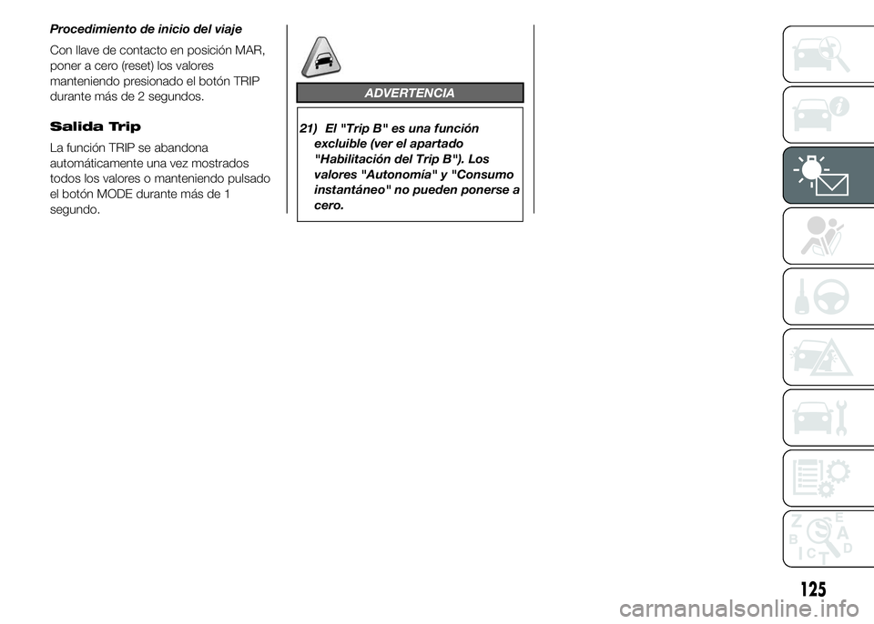 FIAT DUCATO 2015 Manual de Empleo y Cuidado (in Spanish) Procedimiento de inicio del viaje
Con llave de contacto en posición MAR,
poner a cero (reset) los valores
manteniendo presionado el botón TRIP
durante más de 2 segundos.
Salida Trip
La función TRI FIAT DUCATO 2015 Manual de Empleo y Cuidado (in Spanish) Procedimiento de inicio del viaje
Con llave de contacto en posición MAR,
poner a cero (reset) los valores
manteniendo presionado el botón TRIP
durante más de 2 segundos.
Salida Trip
La función TRI