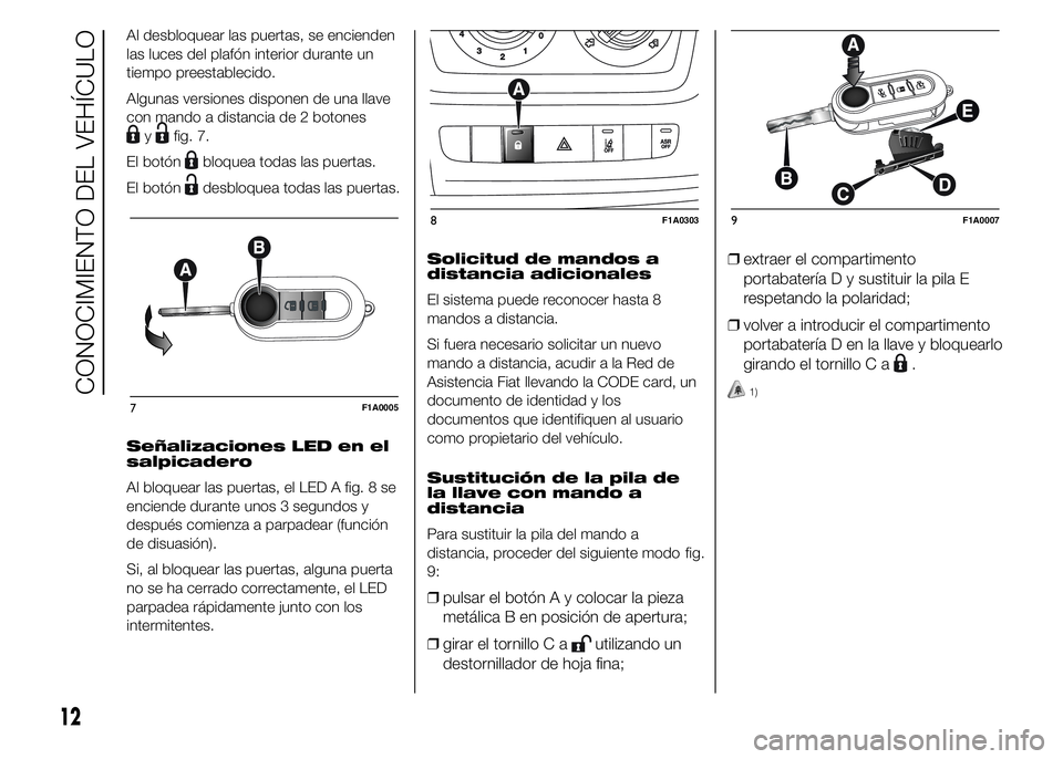FIAT DUCATO 2015  Manual de Empleo y Cuidado (in Spanish) Al desbloquear las puertas, se encienden
las luces del plafón interior durante un
tiempo preestablecido.
Algunas versiones disponen de una llave
con mando a distancia de 2 botones
yfig. 7.
El botón
