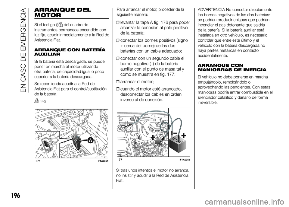 FIAT DUCATO 2015 Manual de Empleo y Cuidado (in Spanish) ARRANQUE DEL
MOTOR
Si el testigodel cuadro de
instrumentos permanece encendido con
luz fija, acudir inmediatamente a la Red de
Asistencia Fiat.
ARRANQUE CON BATERÍA
AUXILIAR
Si la batería está desc FIAT DUCATO 2015 Manual de Empleo y Cuidado (in Spanish) ARRANQUE DEL
MOTOR
Si el testigodel cuadro de
instrumentos permanece encendido con
luz fija, acudir inmediatamente a la Red de
Asistencia Fiat.
ARRANQUE CON BATERÍA
AUXILIAR
Si la batería está desc
