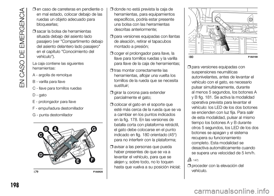 FIAT DUCATO 2015  Manual de Empleo y Cuidado (in Spanish) ❒en caso de carreteras en pendiente o
en mal estado, colocar debajo de las
ruedas un objeto adecuado para
bloquearlas;
❒sacar la bolsa de herramientas
situada debajo del asiento lado
pasajero (ver