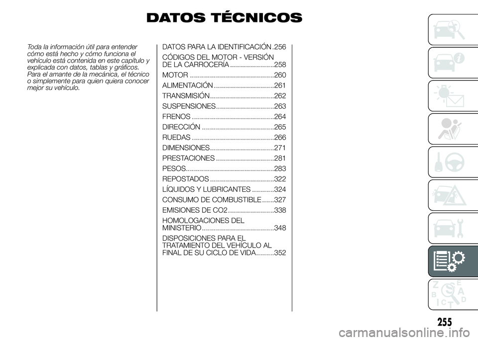 FIAT DUCATO 2015 Manual de Empleo y Cuidado (in Spanish) DATOS TÉCNICOS
Toda la información útil para entender
cómo está hecho y cómo funciona el
vehículo está contenida en este capítulo y
explicada con datos, tablas y gráficos.
Para el amante de FIAT DUCATO 2015 Manual de Empleo y Cuidado (in Spanish) DATOS TÉCNICOS
Toda la información útil para entender
cómo está hecho y cómo funciona el
vehículo está contenida en este capítulo y
explicada con datos, tablas y gráficos.
Para el amante de