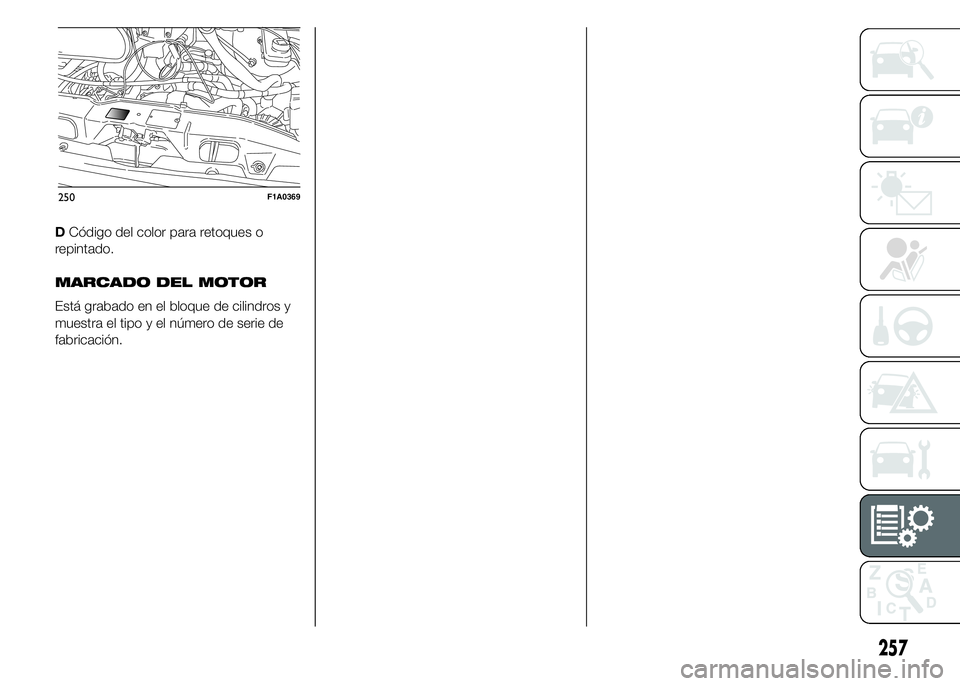 FIAT DUCATO 2015  Manual de Empleo y Cuidado (in Spanish) DCódigo del color para retoques o
repintado.
MARCADO DEL MOTOR
Está grabado en el bloque de cilindros y
muestra el tipo y el número de serie de
fabricación.
250F1A0369
257 