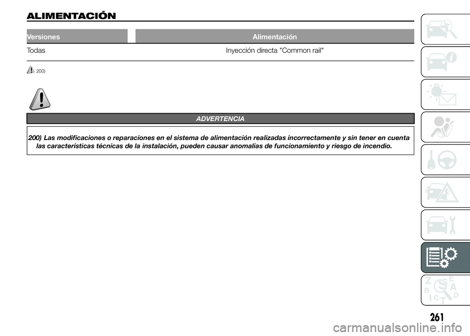FIAT DUCATO 2015  Manual de Empleo y Cuidado (in Spanish) ALIMENTACIÓN
Versiones Alimentación
Todas Inyección directa "Common rail"
200)
ADVERTENCIA
200) Las modificaciones o reparaciones en el sistema de alimentación realizadas incorrectamente y
