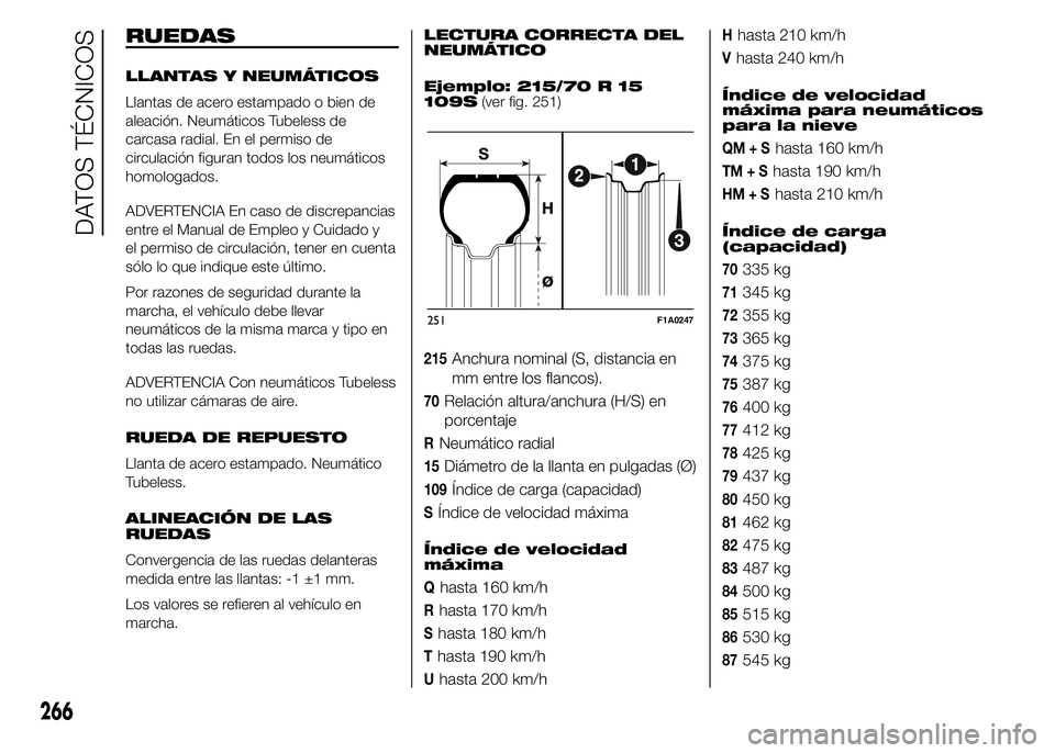 FIAT DUCATO 2015 Manual de Empleo y Cuidado (in Spanish) RUEDAS
LLANTAS Y NEUMÁTICOS
Llantas de acero estampado o bien de
aleación. Neumáticos Tubeless de
carcasa radial. En el permiso de
circulación figuran todos los neumáticos
homologados.
ADVERTENCI FIAT DUCATO 2015 Manual de Empleo y Cuidado (in Spanish) RUEDAS
LLANTAS Y NEUMÁTICOS
Llantas de acero estampado o bien de
aleación. Neumáticos Tubeless de
carcasa radial. En el permiso de
circulación figuran todos los neumáticos
homologados.
ADVERTENCI