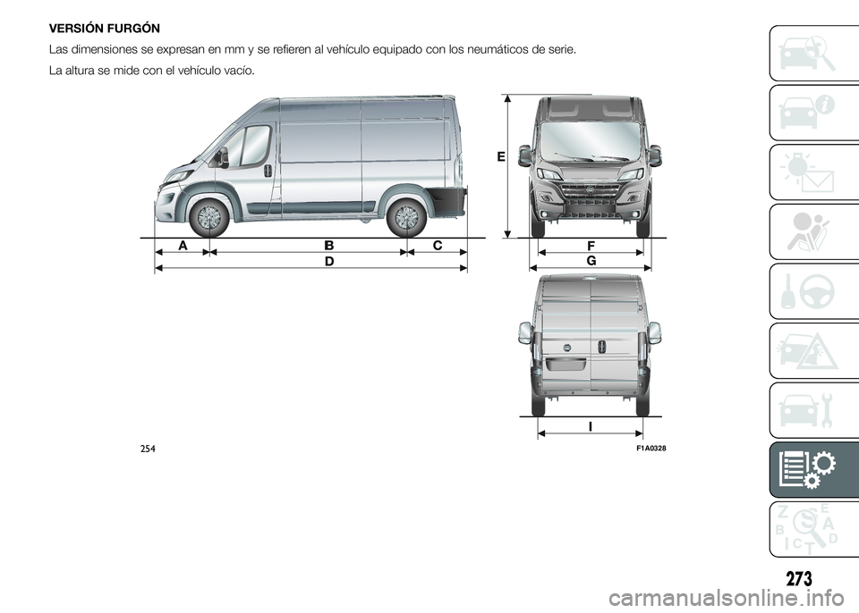 FIAT DUCATO 2015  Manual de Empleo y Cuidado (in Spanish) VERSIÓN FURGÓN
Las dimensiones se expresan en mm y se refieren al vehículo equipado con los neumáticos de serie.
La altura se mide con el vehículo vacío.
254F1A0328
273 