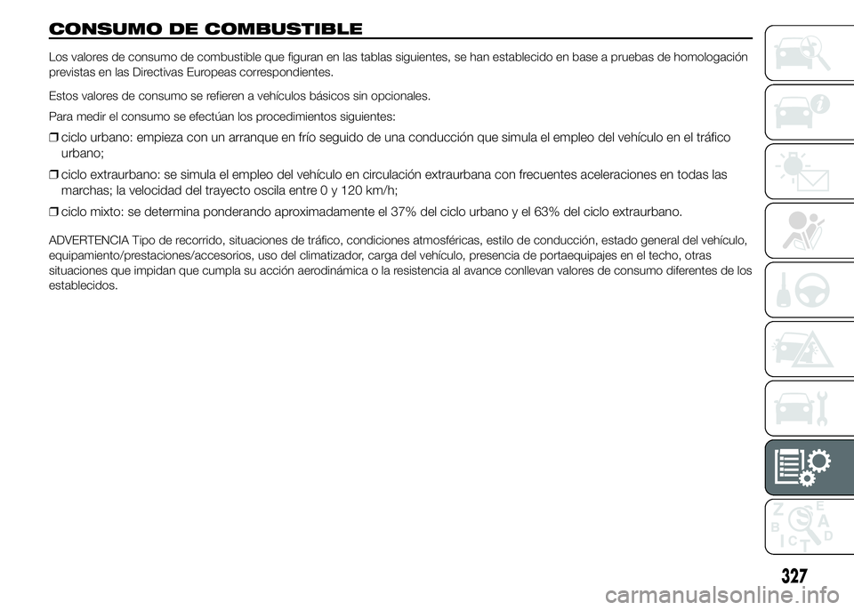 FIAT DUCATO 2015 Manual de Empleo y Cuidado (in Spanish) CONSUMO DE COMBUSTIBLE
Los valores de consumo de combustible que figuran en las tablas siguientes, se han establecido en base a pruebas de homologación
previstas en las Directivas Europeas correspond FIAT DUCATO 2015 Manual de Empleo y Cuidado (in Spanish) CONSUMO DE COMBUSTIBLE
Los valores de consumo de combustible que figuran en las tablas siguientes, se han establecido en base a pruebas de homologación
previstas en las Directivas Europeas correspond