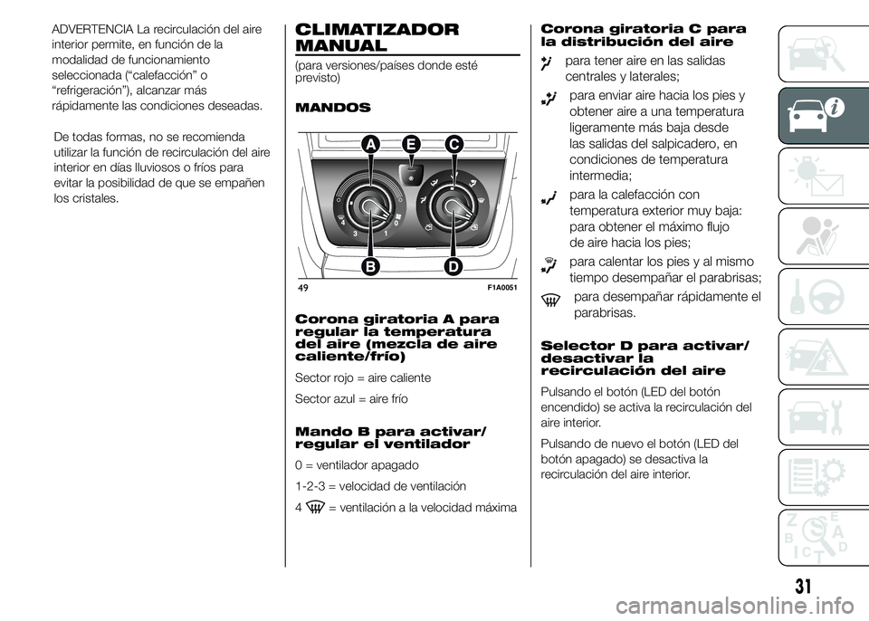 FIAT DUCATO 2015  Manual de Empleo y Cuidado (in Spanish) De todas formas, no se recomienda
utilizar la función de recirculación del aire
interior en días lluviosos o fríos para
evitar la posibilidad de que se empañen
los cristales.
CLIMATIZADOR
MANUAL
