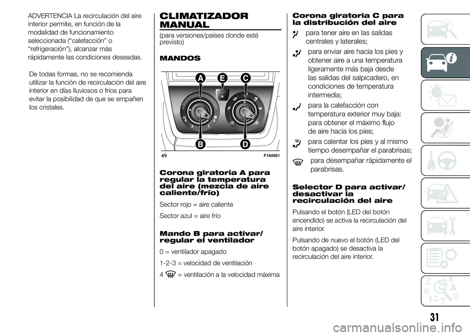FIAT DUCATO 2015 Manual de Empleo y Cuidado (in Spanish) De todas formas, no se recomienda
utilizar la función de recirculación del aire
interior en días lluviosos o fríos para
evitar la posibilidad de que se empañen
los cristales.
CLIMATIZADOR
MANUAL
FIAT DUCATO 2015 Manual de Empleo y Cuidado (in Spanish) De todas formas, no se recomienda
utilizar la función de recirculación del aire
interior en días lluviosos o fríos para
evitar la posibilidad de que se empañen
los cristales.
CLIMATIZADOR
MANUAL