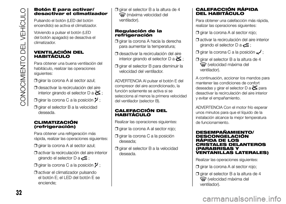 FIAT DUCATO 2015  Manual de Empleo y Cuidado (in Spanish) Botón E para activar/
desactivar el climatizador
Pulsando el botón (LED del botón
encendido) se activa el climatizador.
Volviendo a pulsar el botón (LED
del botón apagado) se desactiva el
climati