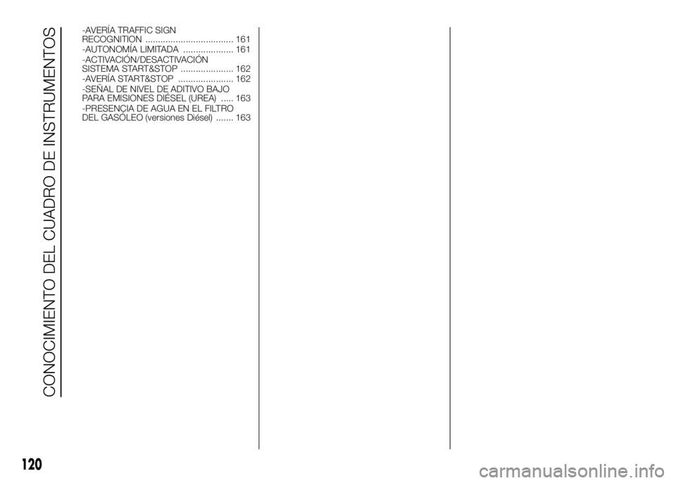 FIAT DUCATO 2016  Manual de Empleo y Cuidado (in Spanish) -AVERÍA TRAFFIC SIGN
RECOGNITION ................................... 161
-AUTONOMÍA LIMITADA .................... 161
-ACTIVACIÓN/DESACTIVACIÓN
SISTEMA START&STOP ..................... 162
-AVERÍ
