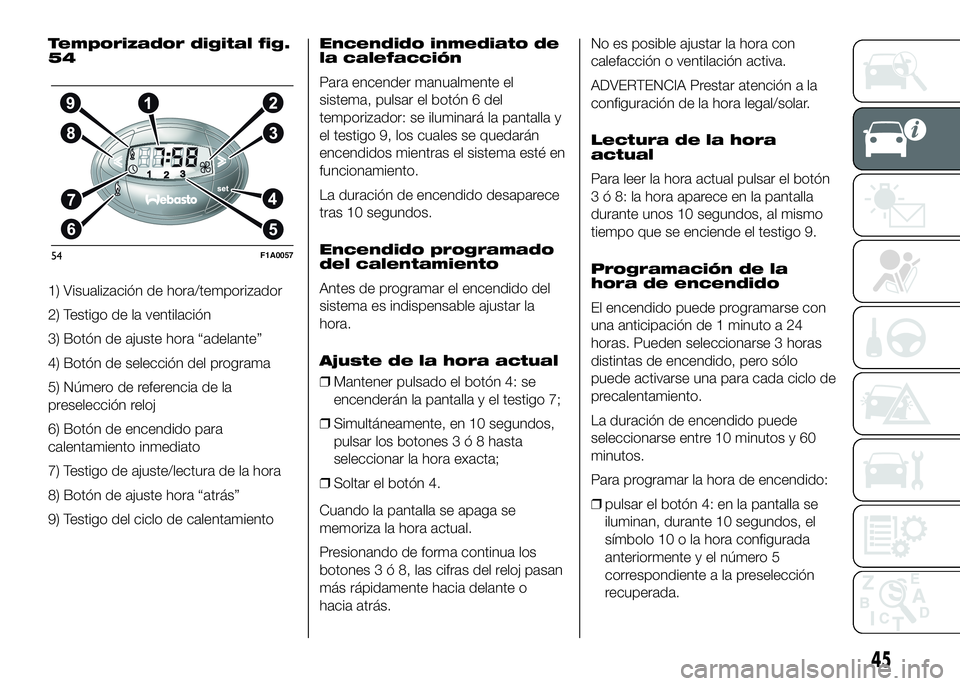 FIAT DUCATO 2016  Manual de Empleo y Cuidado (in Spanish) Temporizador digital fig.
54
1) Visualización de hora/temporizador
2) Testigo de la ventilación
3) Botón de ajuste hora “adelante”
4) Botón de selección del programa
5) Número de referencia 