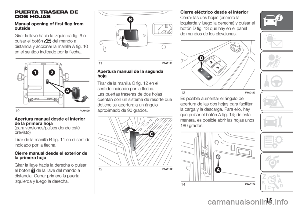 FIAT DUCATO 2017  Manual de Empleo y Cuidado (in Spanish) PUERTA TRASERA DE
DOS HOJAS
Manual opening of first flap from
outside
Girar la llave hacia la izquierda fig. 6 o
pulsar el botón
del mando a
distancia y accionar la manilla A fig. 10
en el sentido in