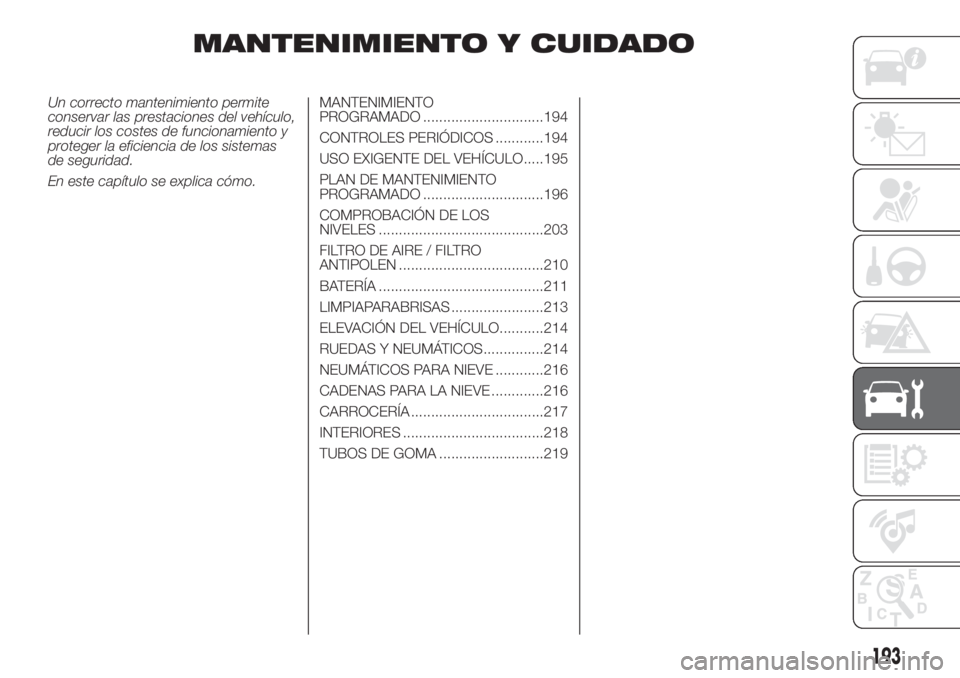 FIAT DUCATO 2017 Manual de Empleo y Cuidado (in Spanish) MANTENIMIENTO Y CUIDADO
Un correcto mantenimiento permite
conservar las prestaciones del vehículo,
reducir los costes de funcionamiento y
proteger la eficiencia de los sistemas
de seguridad.
En este FIAT DUCATO 2017 Manual de Empleo y Cuidado (in Spanish) MANTENIMIENTO Y CUIDADO
Un correcto mantenimiento permite
conservar las prestaciones del vehículo,
reducir los costes de funcionamiento y
proteger la eficiencia de los sistemas
de seguridad.
En este