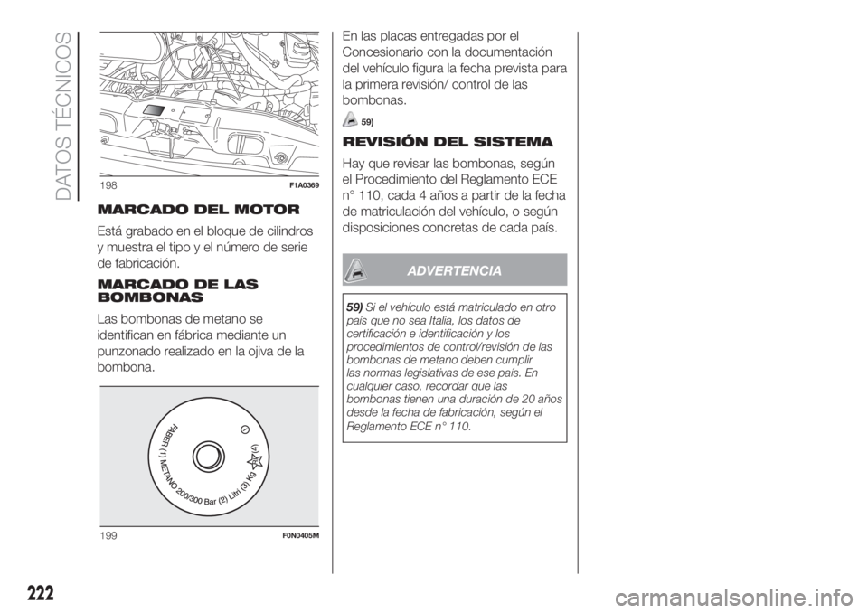 FIAT DUCATO 2017 Manual de Empleo y Cuidado (in Spanish) MARCADO DEL MOTOR
Está grabado en el bloque de cilindros
y muestra el tipo y el número de serie
de fabricación.
MARCADO DE LAS
BOMBONAS
Las bombonas de metano se
identifican en fábrica mediante un FIAT DUCATO 2017 Manual de Empleo y Cuidado (in Spanish) MARCADO DEL MOTOR
Está grabado en el bloque de cilindros
y muestra el tipo y el número de serie
de fabricación.
MARCADO DE LAS
BOMBONAS
Las bombonas de metano se
identifican en fábrica mediante un